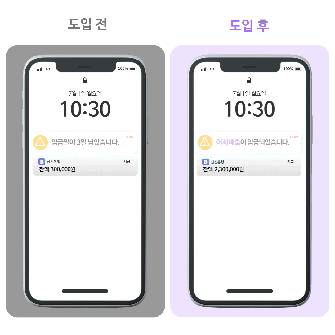 신신플러스 도입 전후 입금 알림 비교
